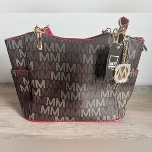 NWT- MKF Braylee Signature Brown/Red w Gold hardware Tote/Purse by Mia K